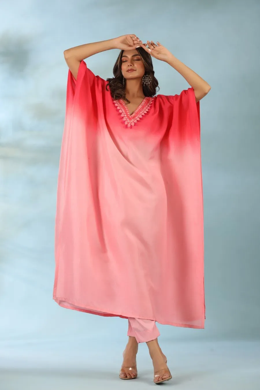 Pink Ombre Mirror Embroidered Kaftan With Pants