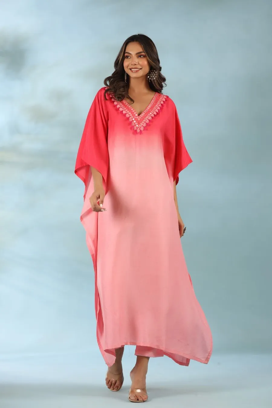 Pink Ombre Mirror Embroidered Kaftan With Pants