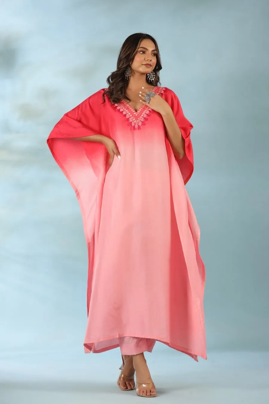 Pink Ombre Mirror Embroidered Kaftan With Pants