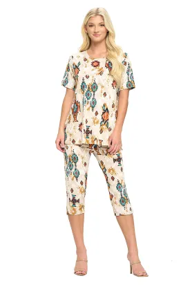 Plus Size Print  Capri Pant Set-9003BN-SXP1-W317