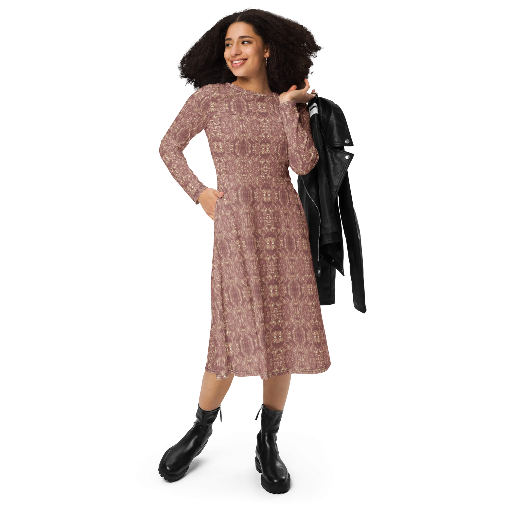 Recursia Bohemian Dream Long Sleeve Midi Dress In Pink