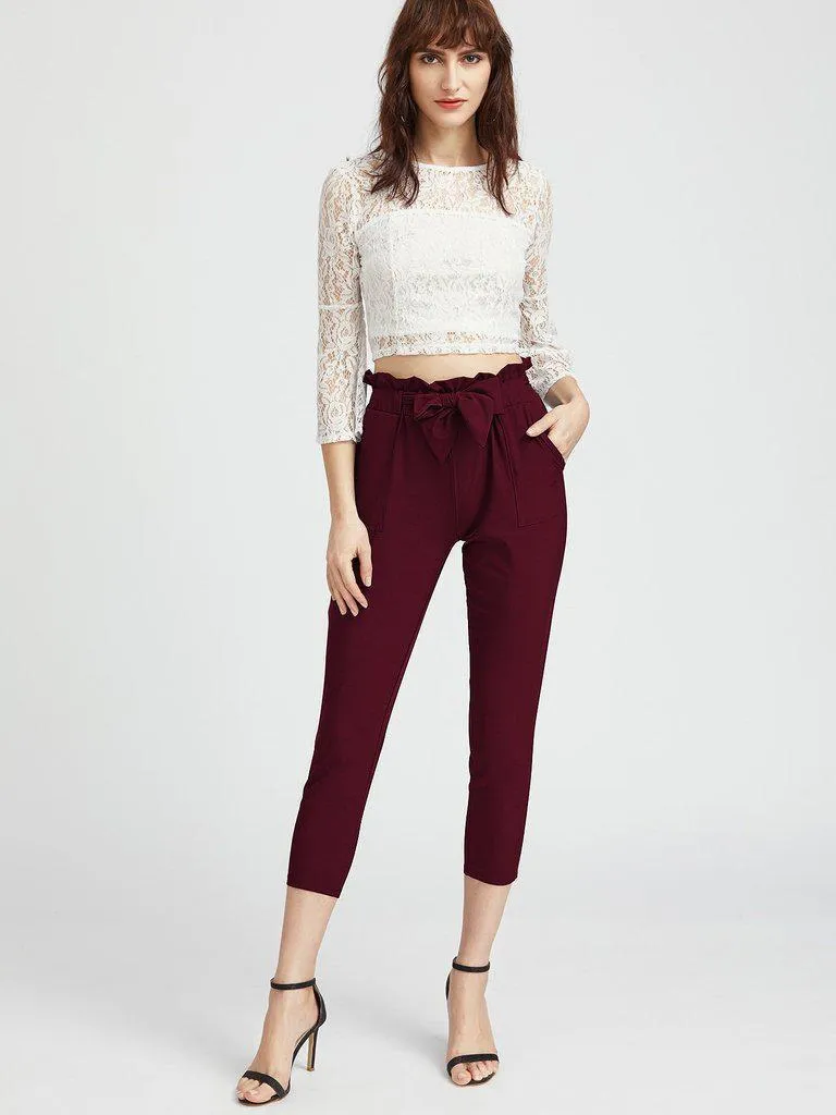 Ruffle Waist Self Tie Capri Pants