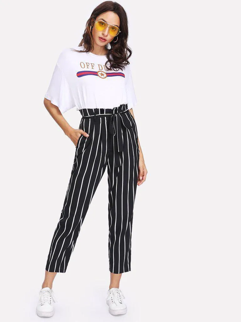 Self Belt Striped Pants