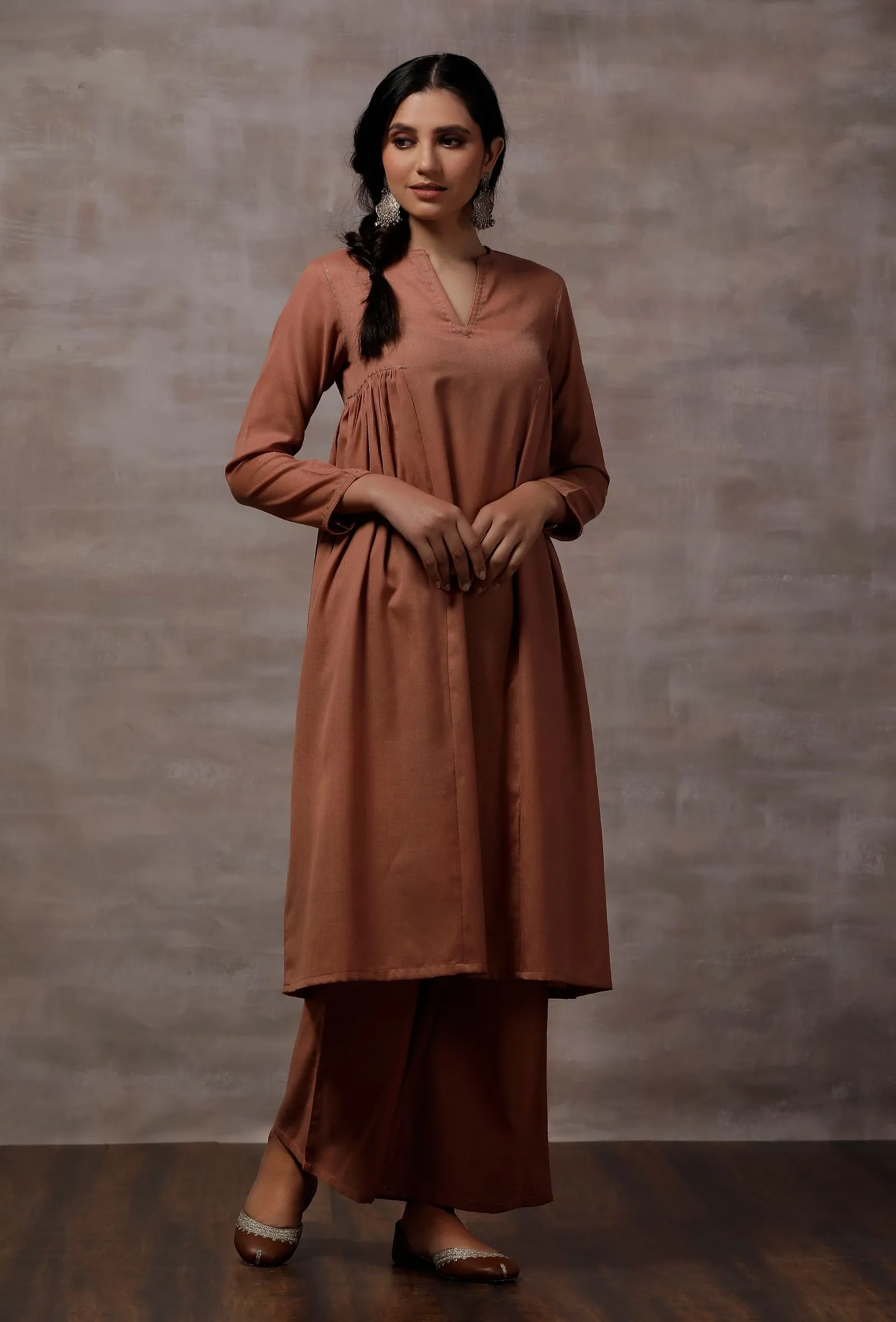 Set of 2 : Taupe Gathered Cashmilon Kurta with Taupe Flared Pants