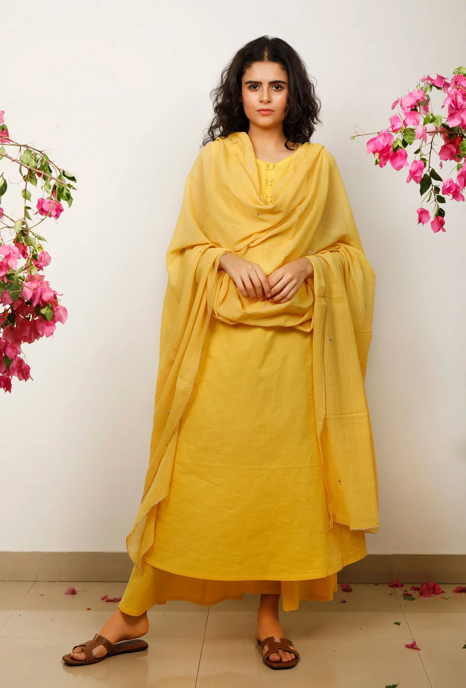 Set of 3: Yellow Solid flared sleeveless Cotton Kurta with Kota Dupatta and Solid Cotton Pants