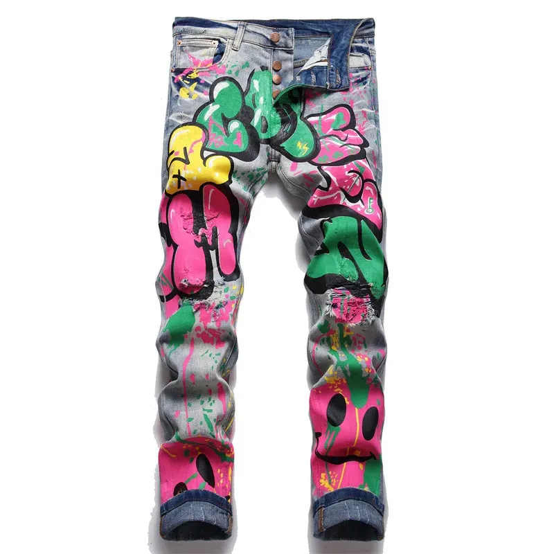 STARBAGS Distressed Graffiti Slim Stretch Jeans