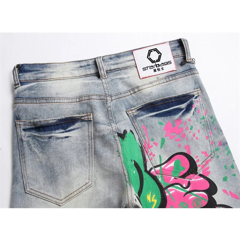 STARBAGS Distressed Graffiti Slim Stretch Jeans