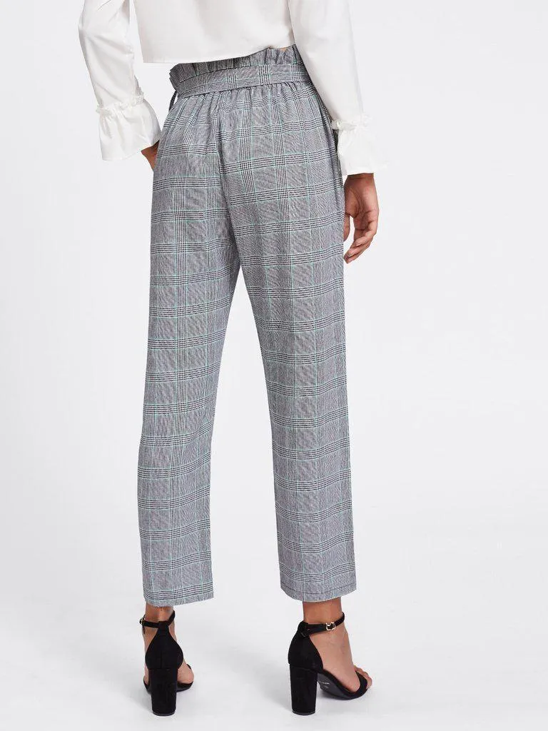 Tie Waist Glen Plaid Frill Pants