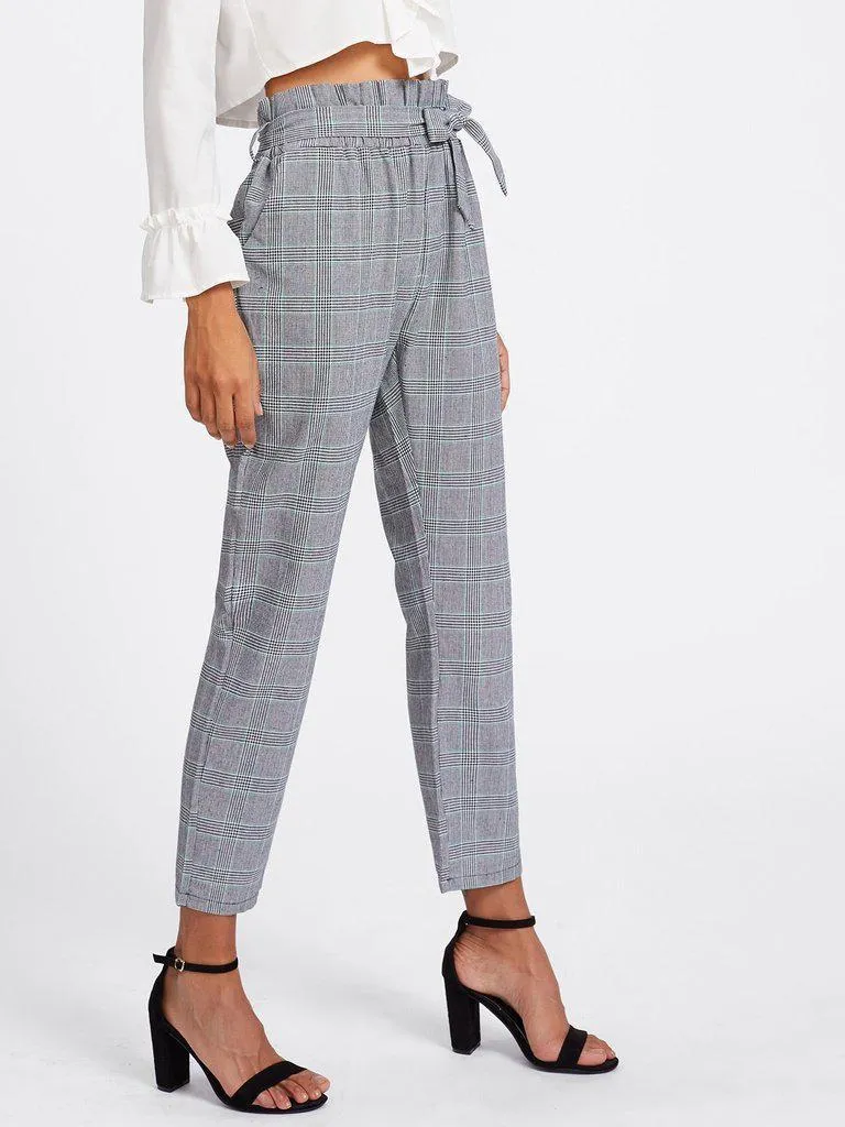 Tie Waist Glen Plaid Frill Pants