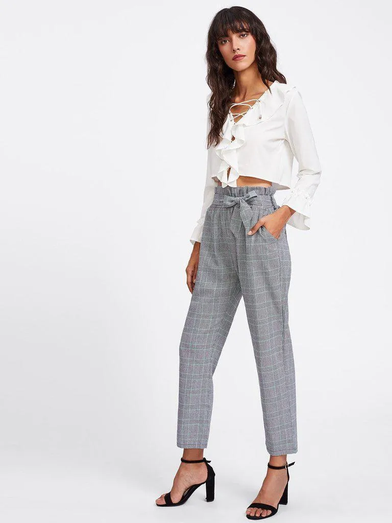 Tie Waist Glen Plaid Frill Pants