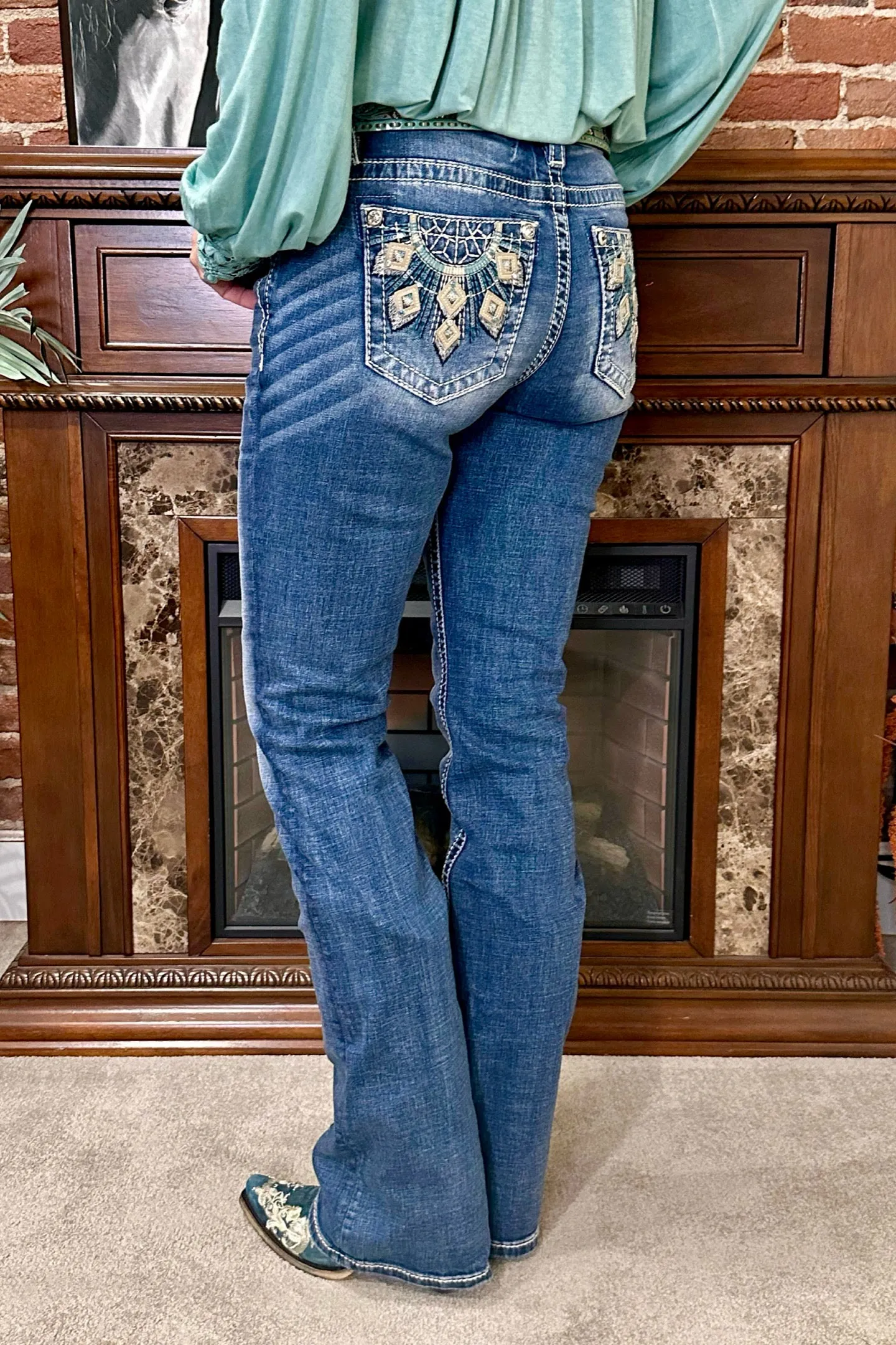 Turquoise Goddess Mid Rise Bootcut Jean by Miss Me