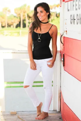 White Distressed Jeans with Released Hem