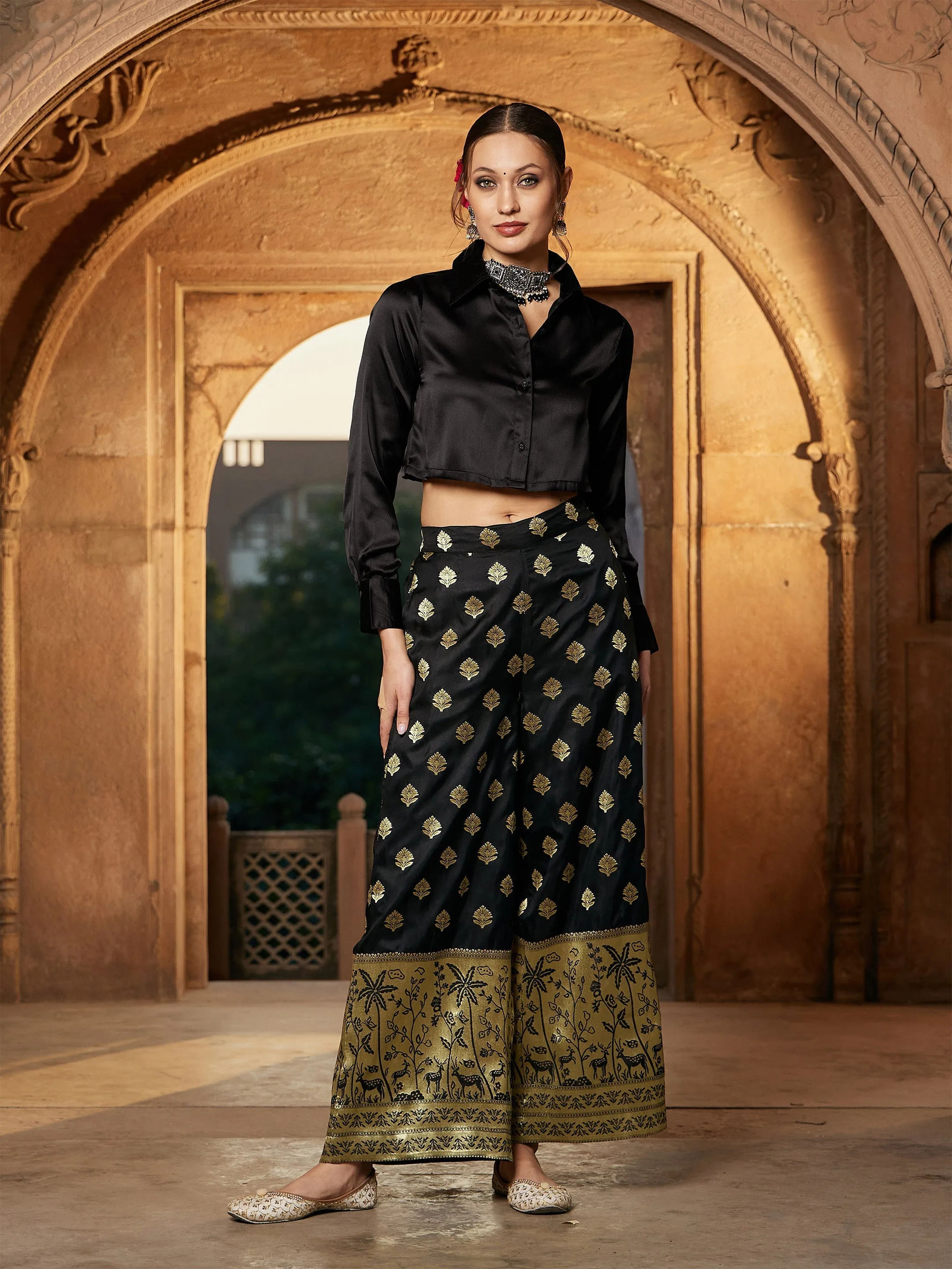 Women Black Brocade Jacquard Palazzos