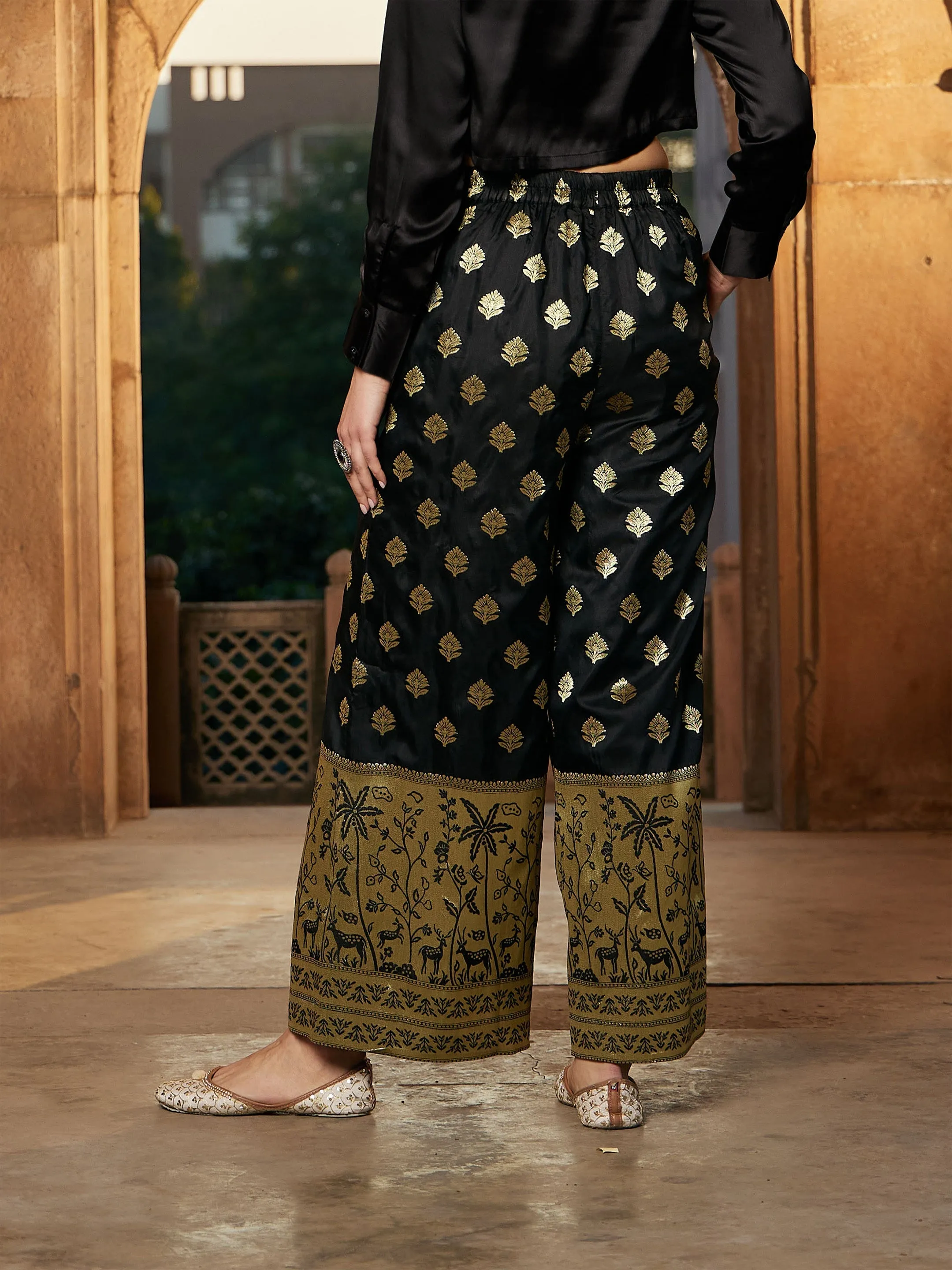 Women Black Brocade Jacquard Palazzos