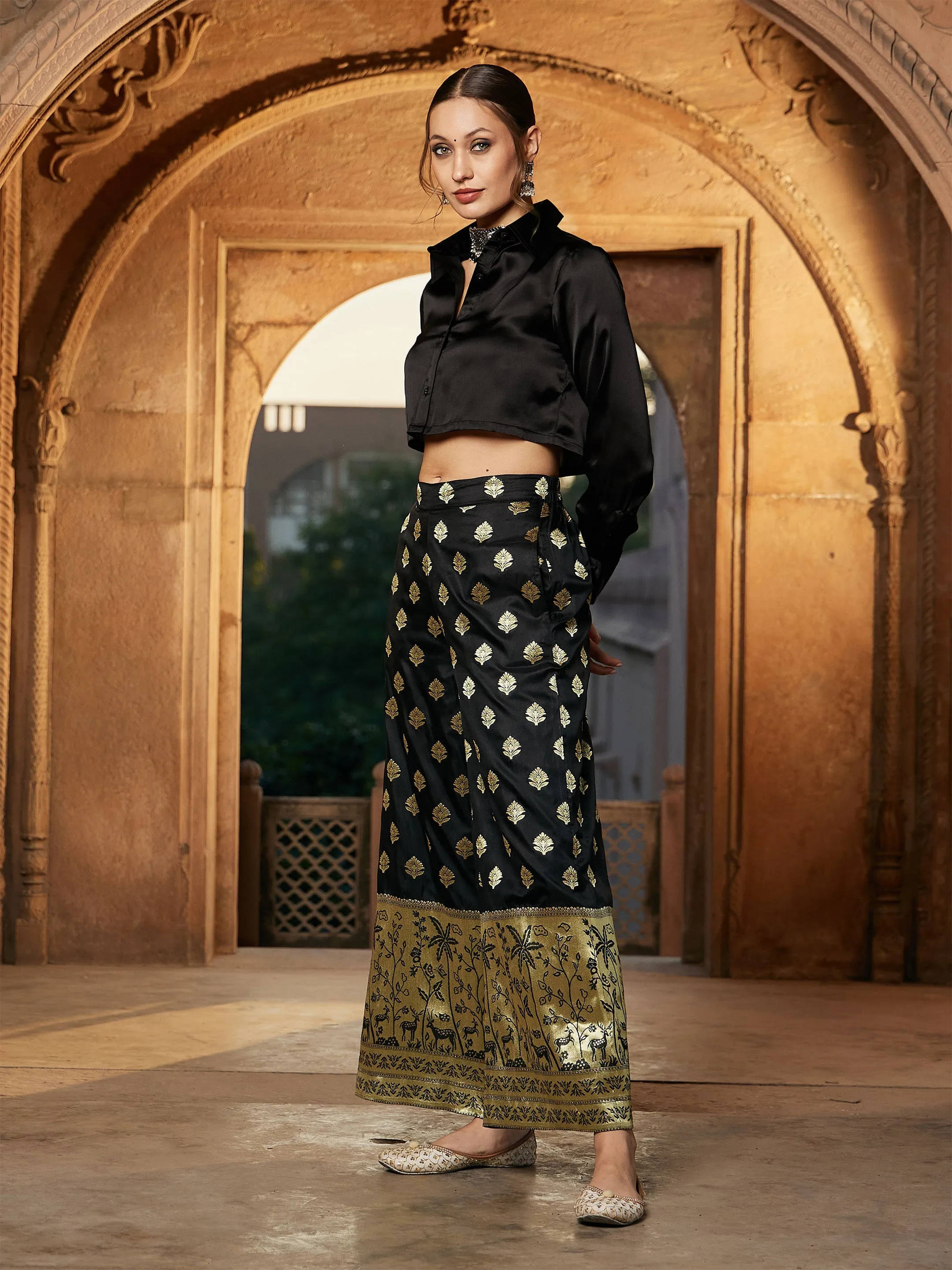 Women Black Brocade Jacquard Palazzos