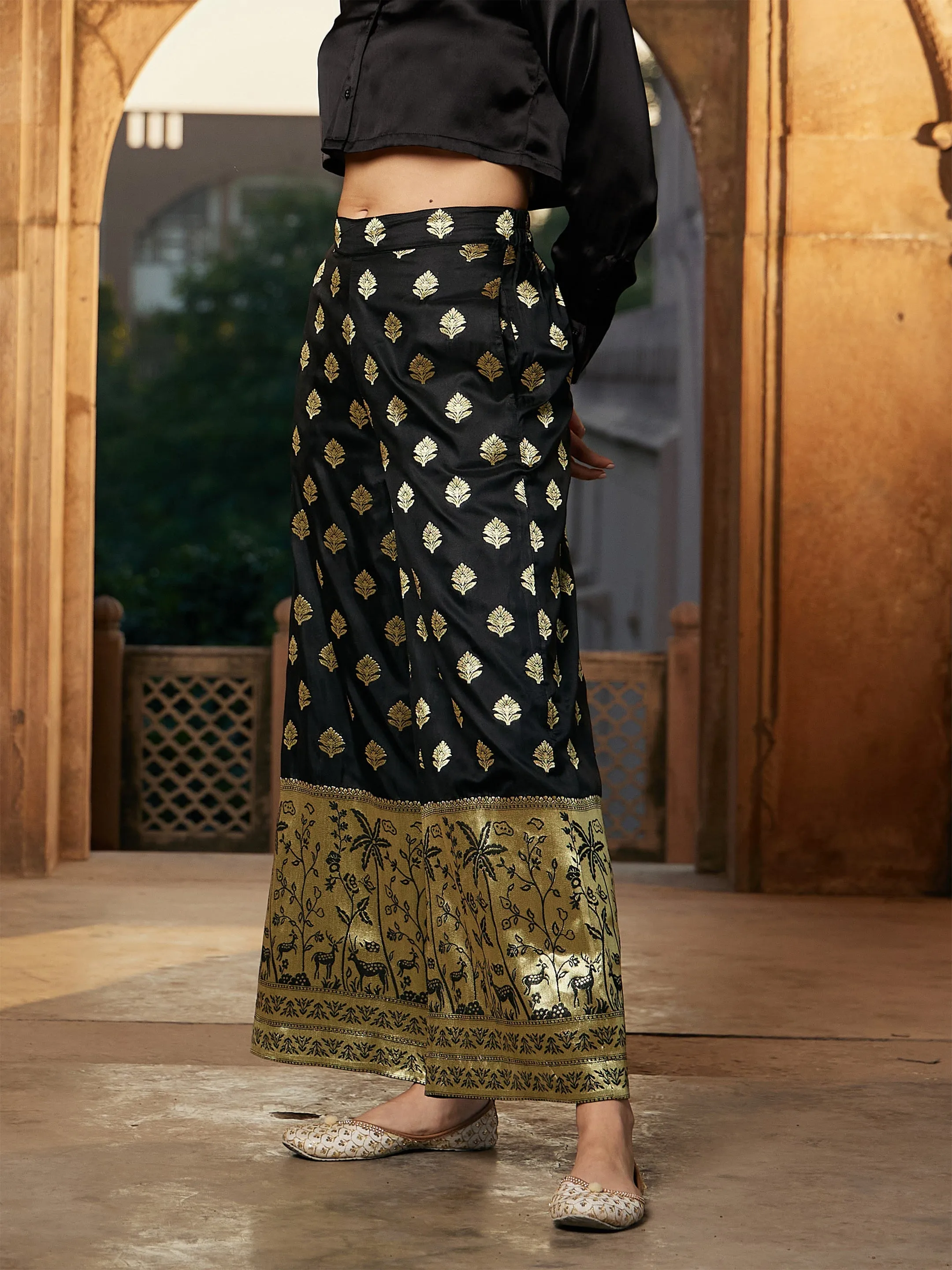 Women Black Brocade Jacquard Palazzos