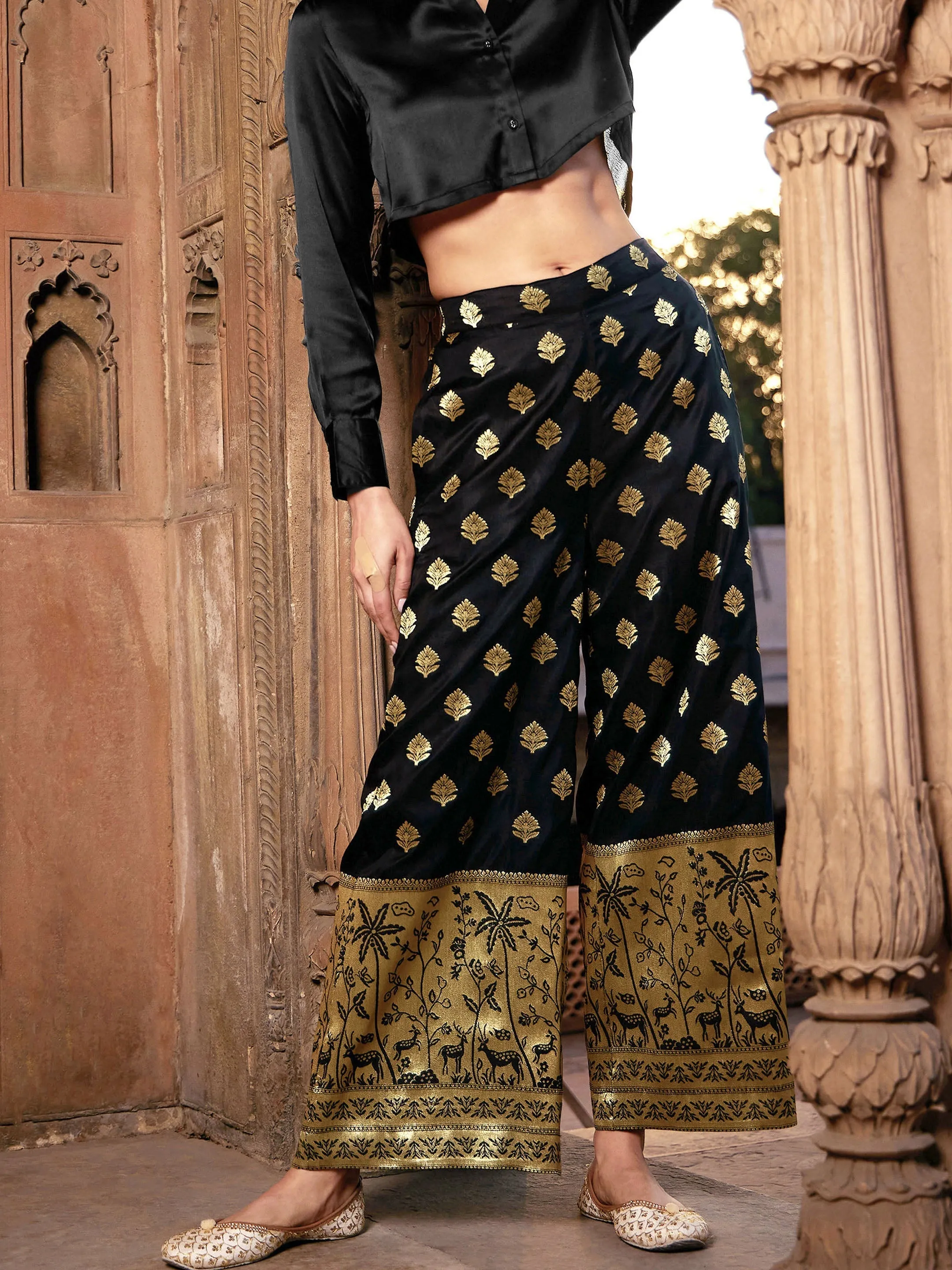 Women Black Brocade Jacquard Palazzos