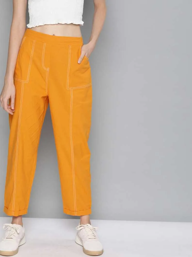 Women Mustard Contrast Seam Roll Up Bottom Pants