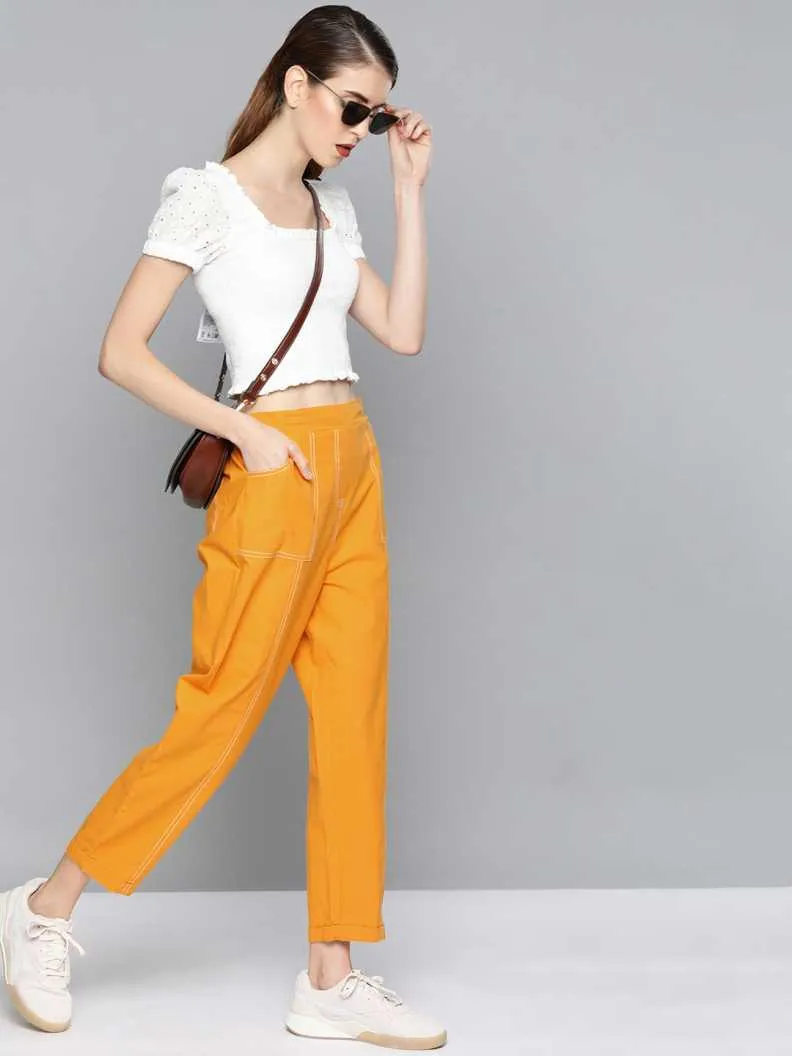 Women Mustard Contrast Seam Roll Up Bottom Pants