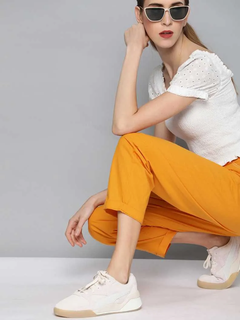 Women Mustard Contrast Seam Roll Up Bottom Pants