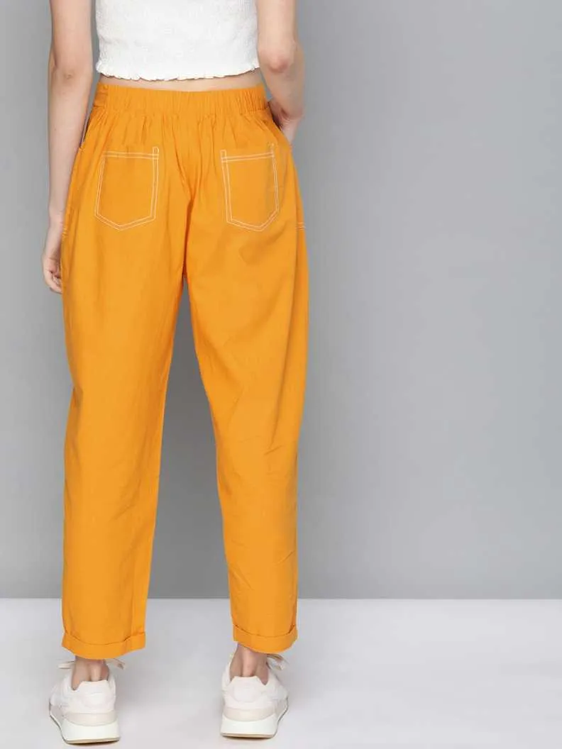 Women Mustard Contrast Seam Roll Up Bottom Pants